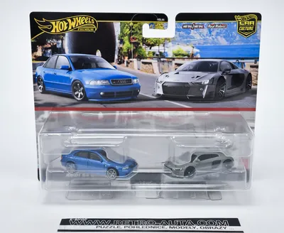 A Hot Wheels Premium Car Culture Zestaw 2 Aut Audi S4 quattro i Audi R8 LMS JDY82 toy car set in its packaging.