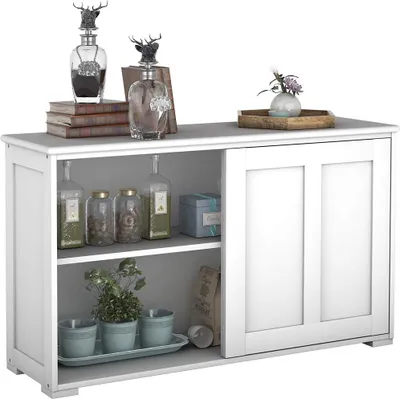 Produktbild von COSTWAY Sideboard Beige, komoda Sideboard Kuchynská skrinka Kúpeľňová komoda Viacúčelová skrinka s posuvnými dverami