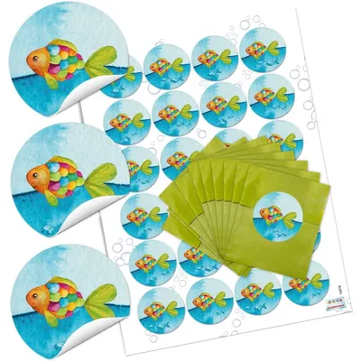 Produktbild von 10 kleine grüne Papiertüten blau türkis pink orange Regenbogen-Fisch 7 x 9 cm + 24 runde Aufkleber - Verpackung give-away Mitgebsel Kinder24 Stück