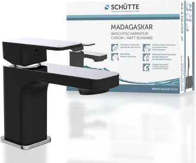 Obrázek produktu pro SCHÜTTE umyvadlová baterie MADAGASKAR, baterie s výsuvným ventilem, jednopáková koupelnová baterie, koupelnová baterie černá matná/chromová