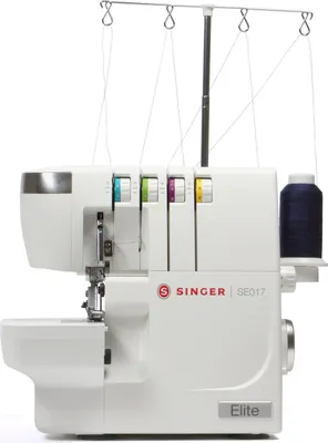 A white Singer Elite SE017 serger sewing machine is shown against a white background.