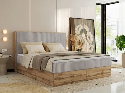 Produktbild von MKS MEBLE Boxspringbett WOOD CLASSIC, Komplett Set mit Multipocket-Matratze und Topper T25, Doppelbett für Schlafzimmer, hohe Kopfteil - 160 x 200 cm - H3 - Hellgrau Cord