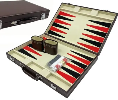 Immagine prodotto di Valigetta da backgammon Relaxdays, con accessori, A x L x P: 5,5 x 36 x 23,5 cm, elegante finitura in similpelle, gioco da tavolo, gioco con i dadi, marrone