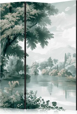 Produktbild von 3-teiliger Einseitiger Vlies Paravent - View of the Park and Lake - Retro Vintage Landscape in Greens 135x172 cm Landschaften c-H-10046-z-a