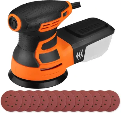 Immagine prodotto di Levigatrice orbitale - 350 W - Macchina levigatrice - Controllo della velocità a 6 livelli - 13000 giri/min - Disco abrasivo da 125 mm - Include 12 fogli abrasivi - Colore: arancione
