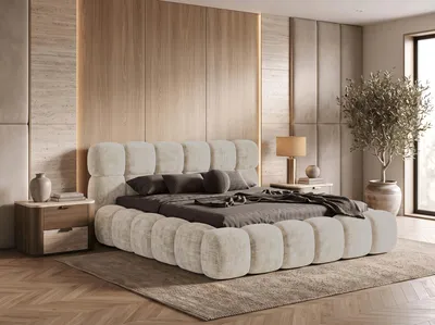 Image de Lit tapissier BESILIO 180x200 cm, modèle Tokyo, en tissu chenille - Lit avec tiroir de rangement et sommier à lattes - Beige