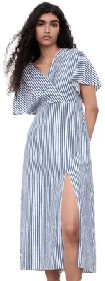 Produktbild von Zara Damen-Midikleid aus Leinen und Baumwolle, weiß gestreift XS