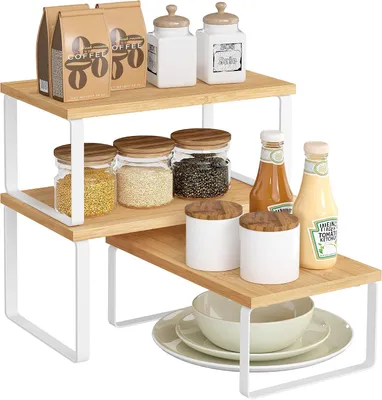Immagine prodotto di Portaspezie - Set da 3 pezzi - Impilabile ed espandibile - Metallo e bambù - Organizzatore per la cucina