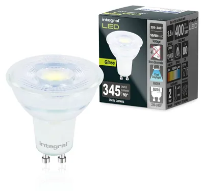 Image de Lot de 5 ampoules LED Integral en verre, culot GU10, lumière blanche froide 6500 K, 400 lm, 3,6 W (équivalent à 50 W) - Ampoule non dimmable - Économe en énergie et idéale pour les bras de projecteur