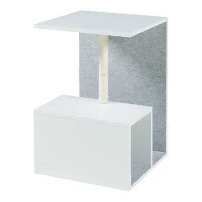 A white side table with a scratching post and a grey felt backing, shown against a white background.