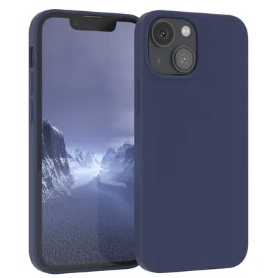A blue silicone phone case is shown on a white background, with a phone inside the case displaying a landscape image.