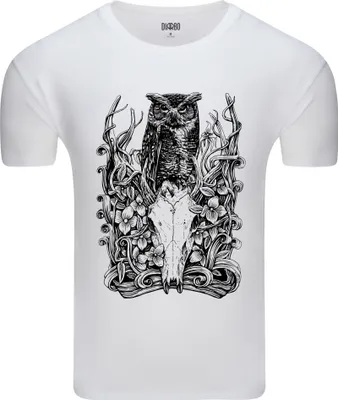 Produktbild von Diarbo Herren T-Shirt mit Tierliebhaber Druck Eule mit Hirschschädel Weiß Gr.M