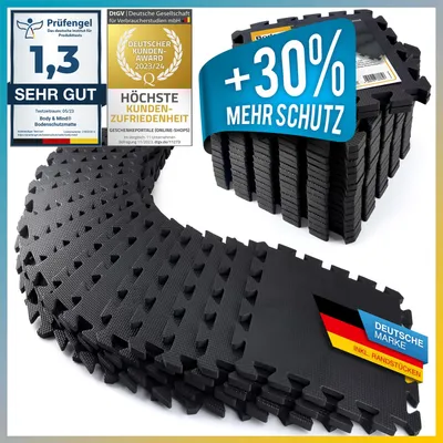 Produktbild von Body & Mind Premium Bodenschutzmatten, Schwarz, EVA Schaumstoff, Puzzle-System, 10 mm dick, 30x30 cm je Matte, 18 Matten + 36 Randstücke, ca. 2 m² XXL Paket