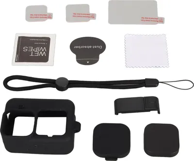 Produktbild von Action-Kamera, Silikonhülle, gehärtetes Glas, Objektivabdeckung, Ladeseite, Set Schwarz