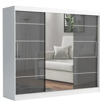 Produktbild von Schwebetürenschrank TOMY, 2-türig Schrank, Weiß / Anthrazit Hochglanz, 235 cm Kleiderschrank mit 4 Schubladen, Spiegel, Kleiderstangen und Regalen