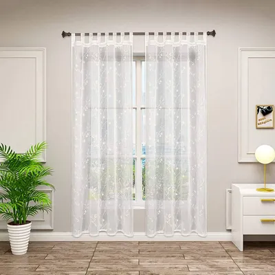 Produktbild von WOLTU 2er-Set Gardinen Vorhang transparent Blumen Stickerei mit Schlaufen Leinen Optik, Doppelpack Fensterschal Beige 140x225 cm