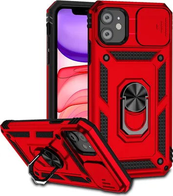 A red iPhone 12 Mini case with a sliding camera cover and a ring holder stand, shown from multiple angles.
