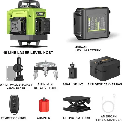 Immagine prodotto di Livella laser a 4D - 16 linee, autonivelante - 360° orizzontale e verticale - Raggio laser verde - Telecomando - Senza treppiede - Custodia in tessuto