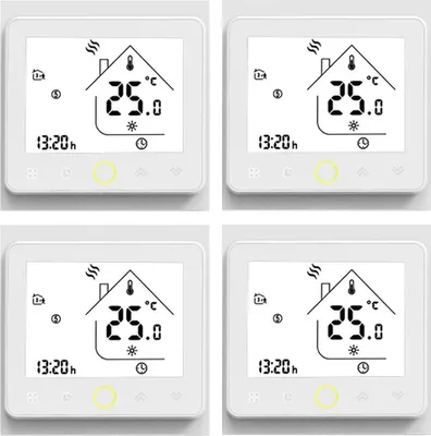 A collage of four identical digital thermostats displaying the same temperature and time.