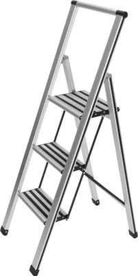 A three-step aluminum stepladder is shown against a white background.