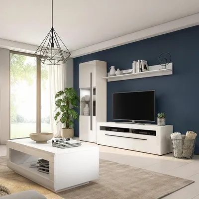 Produktbild von Wohnzimmer Set 4-teilig in Weiß Hochglanz mit Wohnwand & Couchtisch, inkl. LED Beleuchtung - TURDA-83