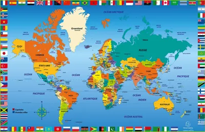 A world map with country borders and names, surrounded by flags of various countries.