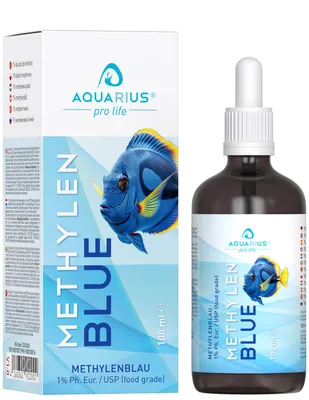A product shot of a bottle of Methylene Blue solution and its packaging.