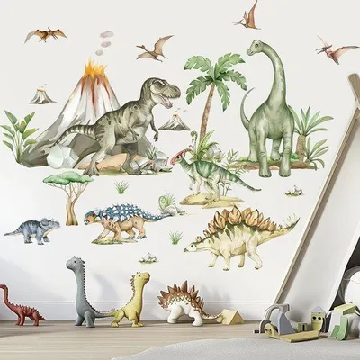 Productafbeelding van Unyqoos® Dinosaurus-wanddecoratie – grote, matte PVC-wandstickers met vulkaan en planten, 3 rollen van 30x90 cm (totaal 164x83 cm) voor kinderkamers