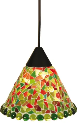 A hanging mosaic lamp with a conical shade.