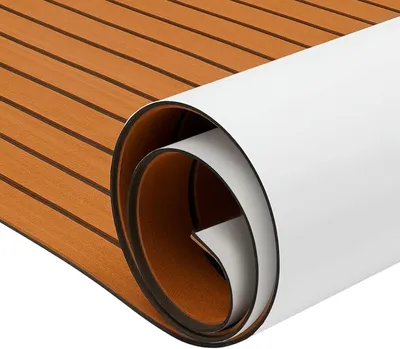 Produktbild von Rutschfester Marineteppich aus Teakimitat mit EVA, 269 x 89 cm, 6 mm, selbstklebend, zuschneidbar und schalldämpfend für Boote und Yachten
