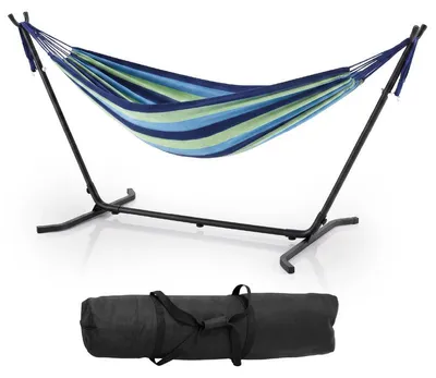 Produktbild von ALIGHTUP Hängematte mit Gestell, Tragetasche, 260 x 97 x 109 cm, bis zu 200 kg belastbar, für Garten und Terrasse, Blau-Grün