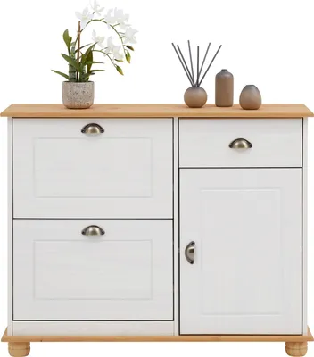 Produktbild von Schuhkipper COLMAR, Weiß/Braun - schmaler Schuhschrank mit Schublade, 2 Klappen und 1 Tür,  Flurschrank im Landhausstil, Muschelgriffe aus Metall, Kiefer Massivholz