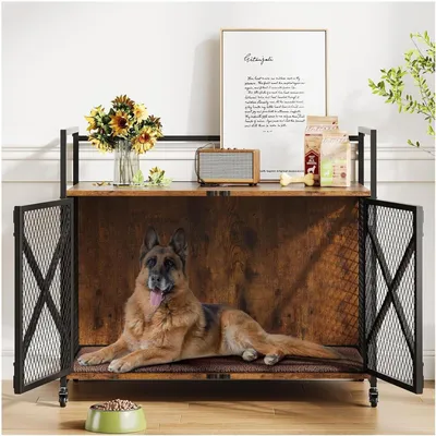 Produktbild von Hundebox Holz Metall 104x60x91 cm Hundekäfig mit Tischplatte Welpenbox Möbel Hundebox für Hunde