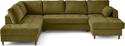 Image de Lisa Design Anna - canapé panoramique d'angle gauche 7 places convertible avec coffre en velours texturé , Vert Olive
