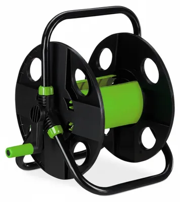 Image de Relaxdays Dévidoir de tuyau, pour 30 m de tuyau 1/2", acier, plastique, support de tuyau, HBT : 38 x 42 x 31 cm, noir/vert
