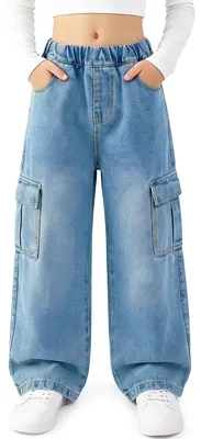 Productafbeelding van Baggy Cargobroek voor Meisjes met Hoge Taille en Wijde Benen