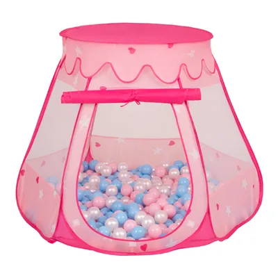 Immagine prodotto di Selonis tenda da gioco 105X90cm/100 palle Castello casa Pop Up Ballpit Palline di plastica per bambini, Rosa:BabyBlue-Pink-Pearl