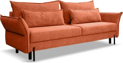 A studio shot of an orange sofa.