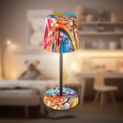 Image de Lampe a poser LED sans fil 2.6W 10.5x26cm Cylindrique 150lm 3000K Blanc chaud IP44 Tactile dimmable Motif graffiti Lampe de chevet Salon chambre exterieur