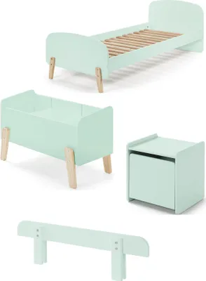Produktbild von Diese KIDDY-Kombination in Mintgrün besteht aus einem Bett (90x200) mit Nachttisch, Sicherheitsgitter und Spielzeugtruhe.