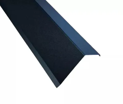 A dark colored metal angle bracket, likely for roofing or construction, is shown against a white background.