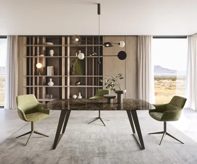 A modern dining room with a large table, chairs, and a bookshelf.