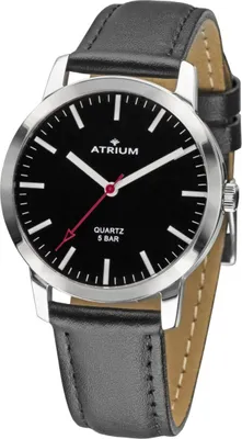 A close-up studio shot of a men's analog wristwatch with a black dial and a black leather strap.