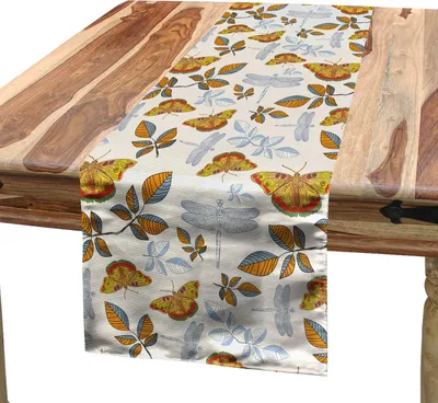 Produktbild von ABAKUHAUS Herbst Tischläufer, Schmetterling Leave Dragon Fly Flora Fauna Netter Illustration, 40 x 180 cm, Eierschalenfarben Ringelblume