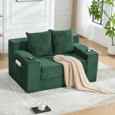 Produktbild von okwish Klappsofa mit 2 Kissen und Becherhalter,Modernes 2-Sitzer Schlafsofa mit seitlicher Aufbewahrung, klassisches Sofa in Smaragd