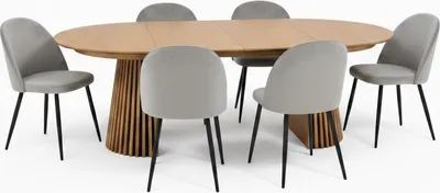 Produktbild von Tokyo Essgruppe Esstisch natur, 6 Stühle aus grauem Velours.