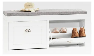 Produktbild von Sitzbank mit Stauraum und 2 Klappen, schmaler Schuhschrank mit Sitzfläche und Schuhregal, platzsparend, Schuhablage für Flur und kleine Räume, 104x52x24cm, Weiß
