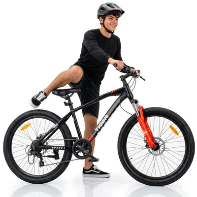 Immagine prodotto di Mountain bike da 26 pollici, modello Tiger, con 7 rapporti Shimano, freni a disco e forcella ammortizzata, colore nero e rosso