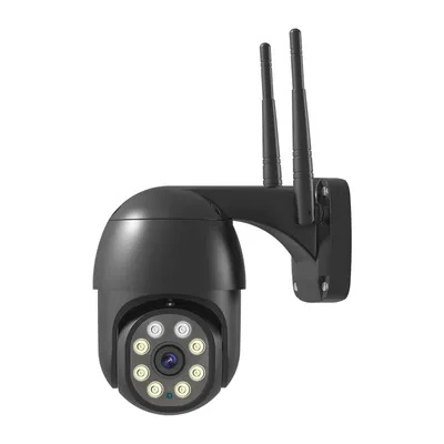 A black outdoor security camera with two antennas, mounted on a bracket, against a white background.