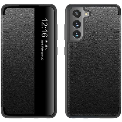 Obrázek produktu pro Pouzdro pro Samsung Galaxy S21 FE 5G tenkéPolyuretankožené klopové pouzdro s okénkem pro zobrazení černé